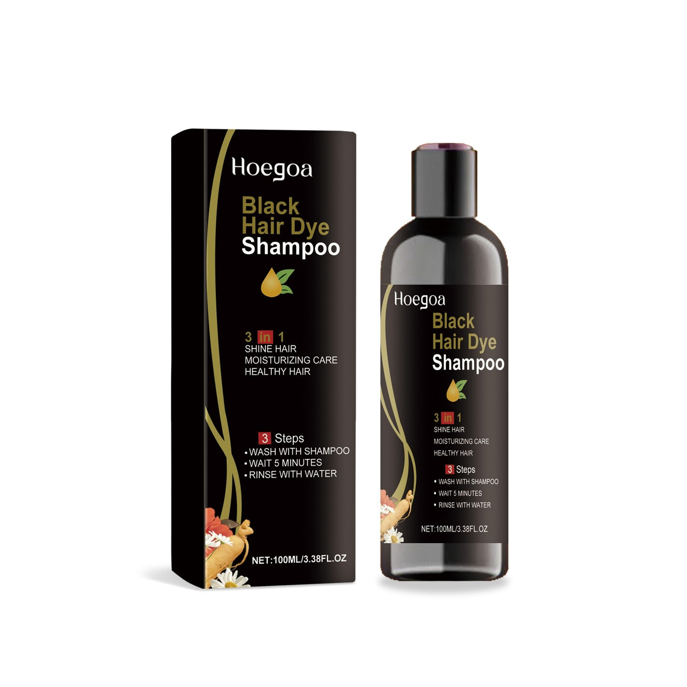 Black Hair Dye Shampoo with Ginger & Ginseng Extracts | Natural Polygonum Multiflorum Formula for Gray Coverage | 4.3 oz Bottle