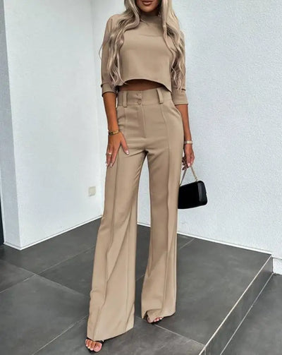 Casual Long Sleeve Shirt Pants Set Office Lady Spring Autumn Fashion Solid O-neck Tops Trousers Two Piece Set Women Outfit 2023 - Vivid Vogue Boutique 