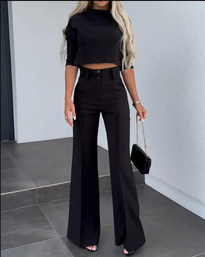 Casual Long Sleeve Shirt Pants Set Office Lady Spring Autumn Fashion Solid O-neck Tops Trousers Two Piece Set Women Outfit 2023 - Vivid Vogue Boutique 