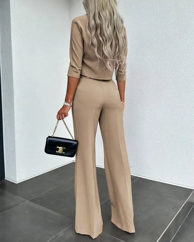 Casual Long Sleeve Shirt Pants Set Office Lady Spring Autumn Fashion Solid O-neck Tops Trousers Two Piece Set Women Outfit 2023 - Vivid Vogue Boutique 