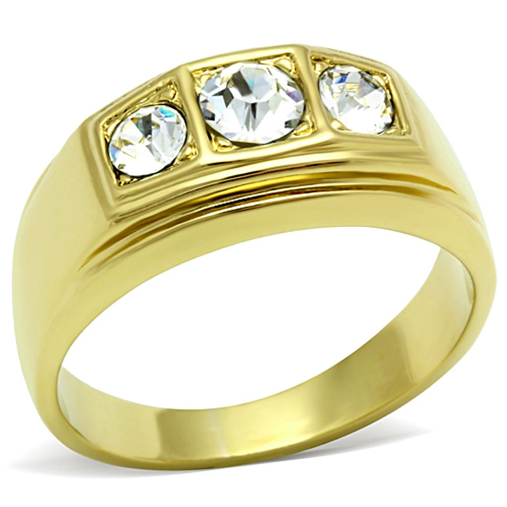 Gold Steel Ring with Clear Crystal.